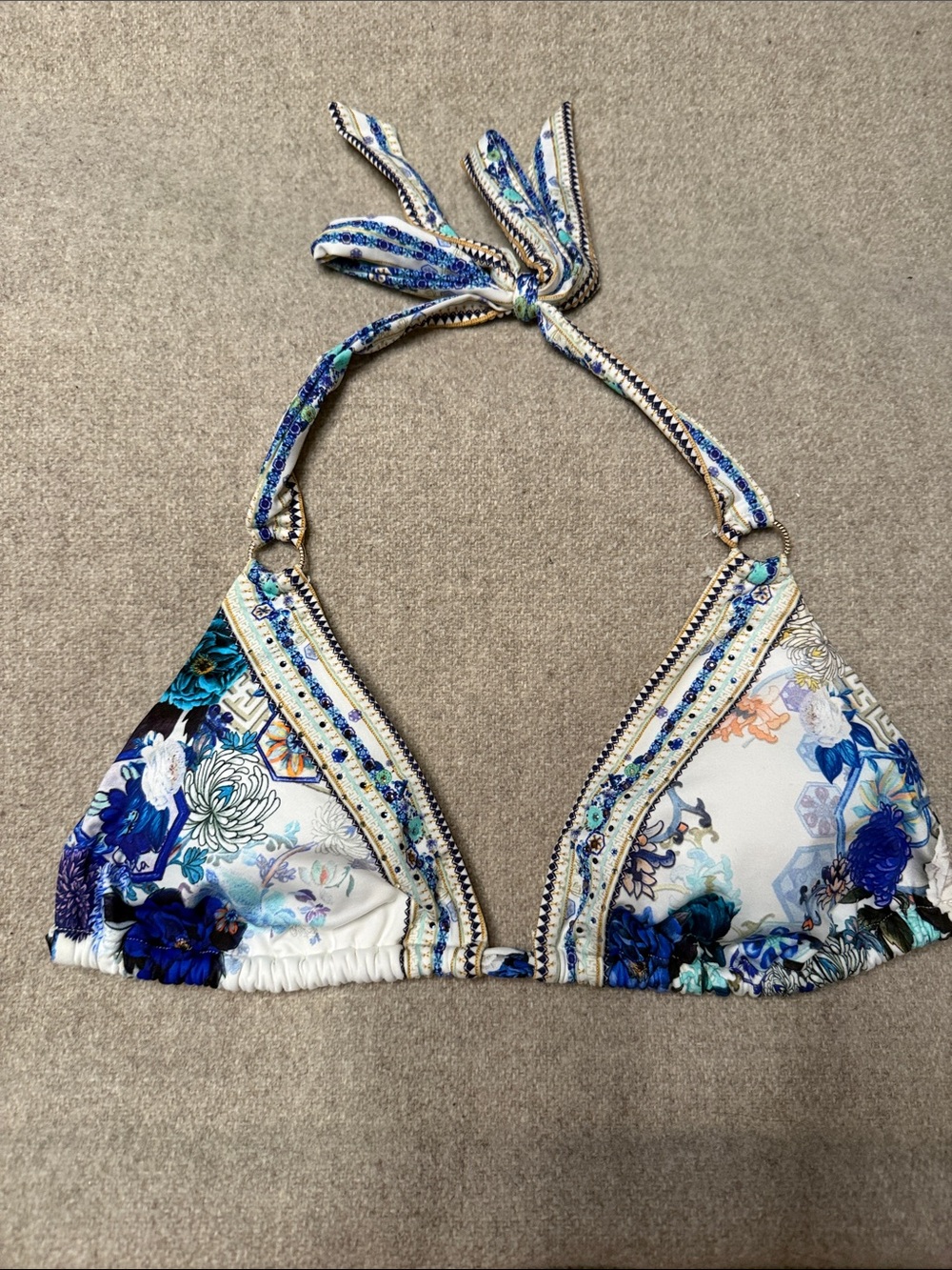 Camilla Blue and White Floral Triangle Bikini Crystal Embellished size XS